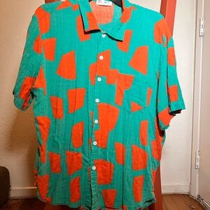 Vibrant Green and Orange Casual Button Down Shirt